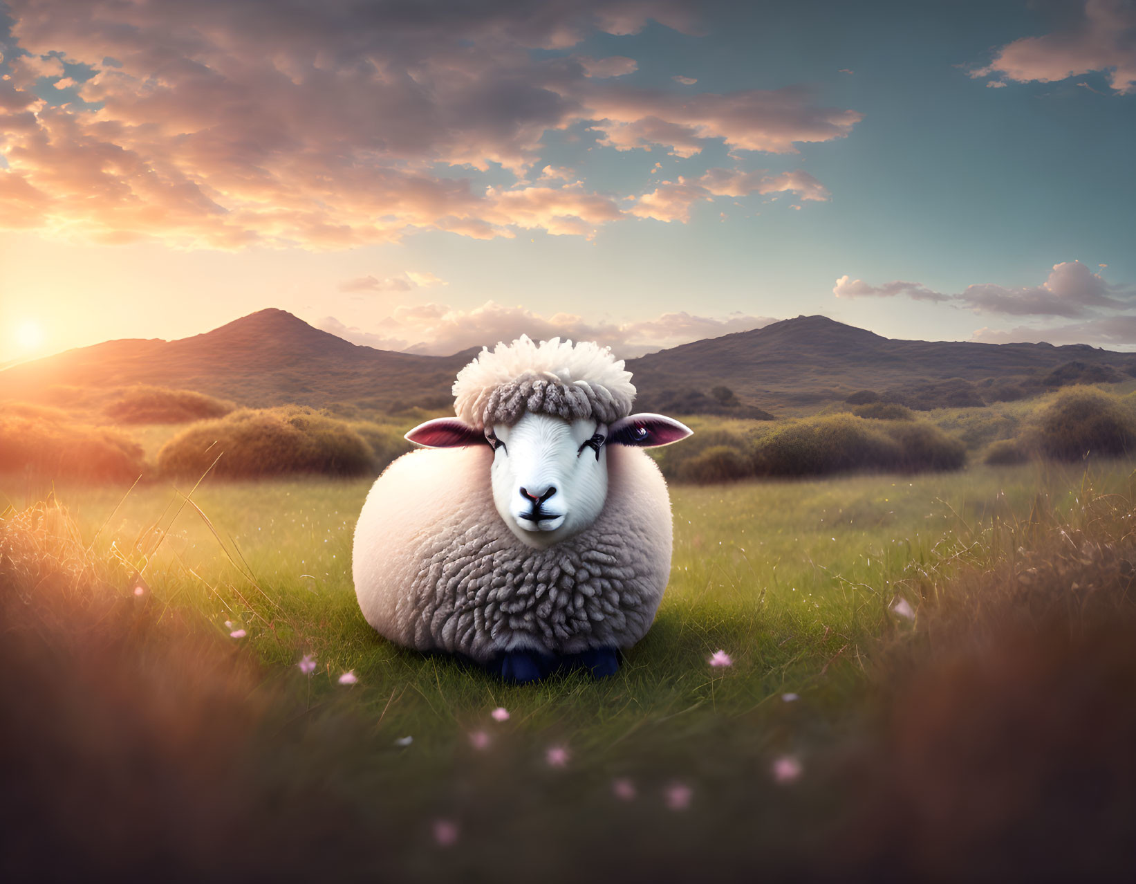 Serene plush sheep toy in grassy field at sunset