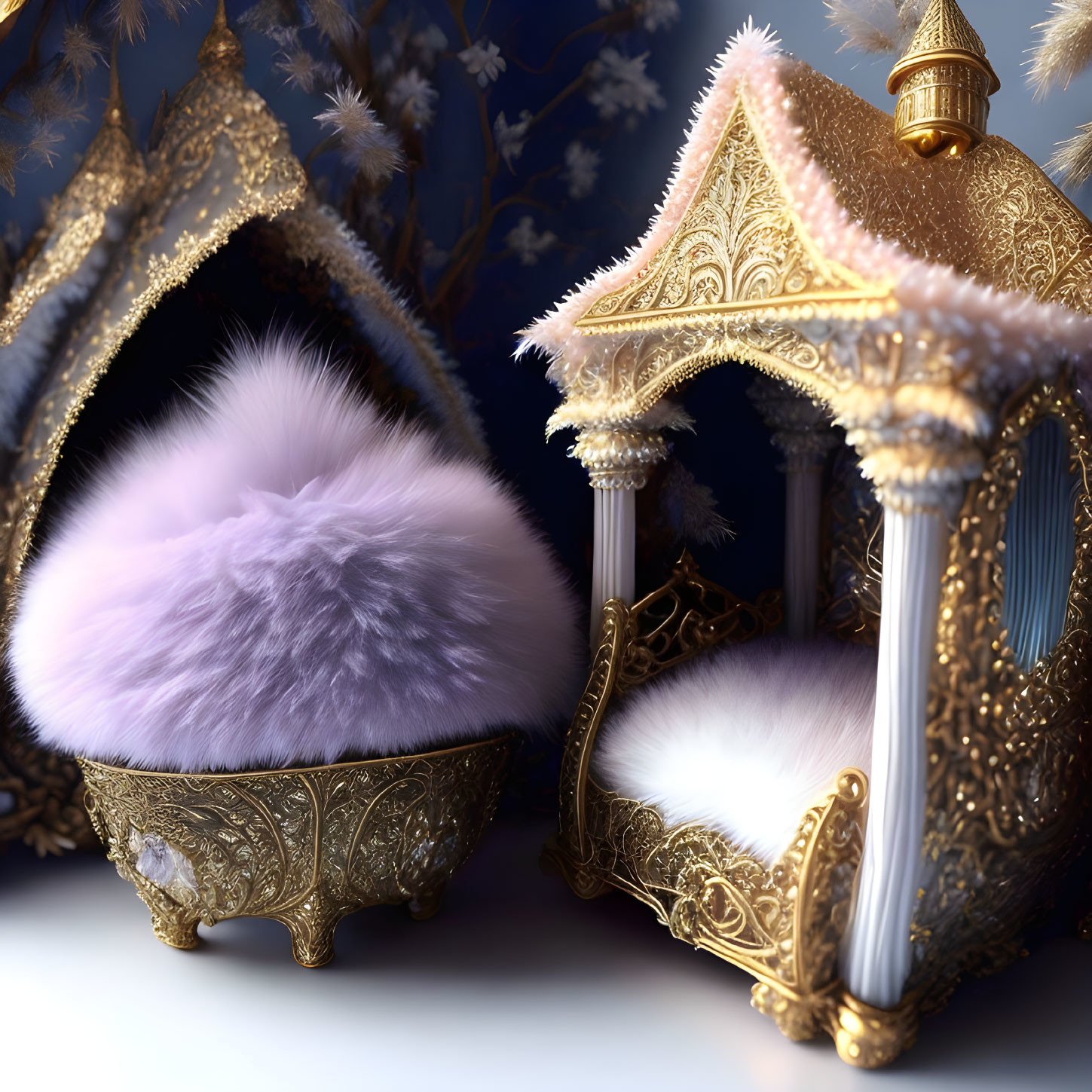 Luxurious golden thrones with white and purple cushions on frost-covered floral backdrop