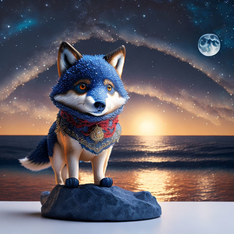 Blue Fox with Bandana on Rock at Sunset Ocean Scene