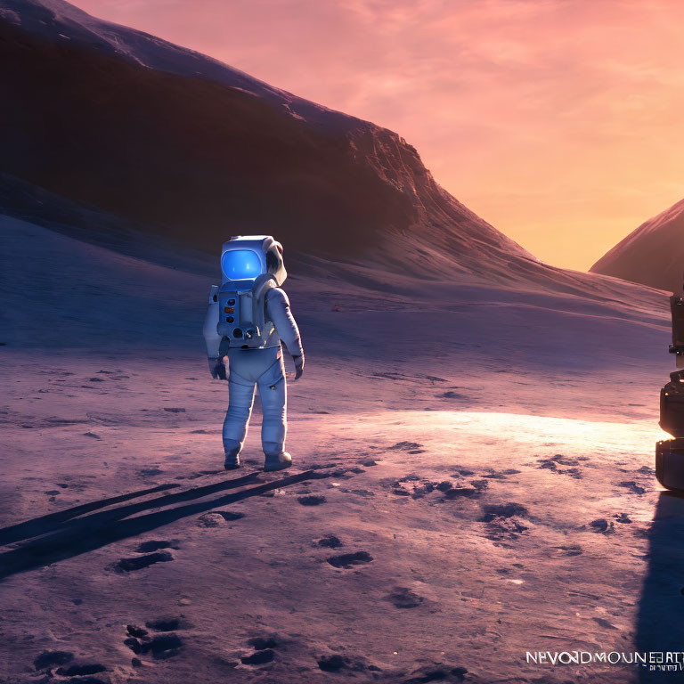 Astronaut in white space suit views serene martian landscape