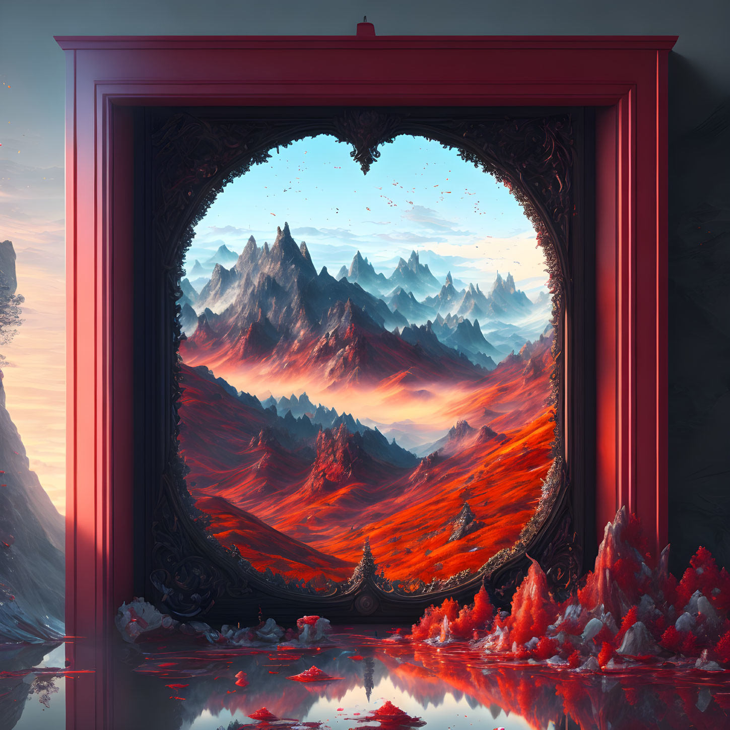 Ornate Frame Surrounds Vibrant Red Mountain Landscape