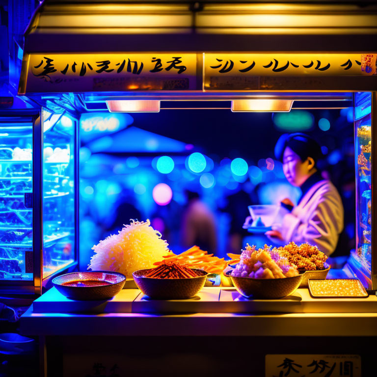 Colorful Night Market Food Stall with Illuminated Displays