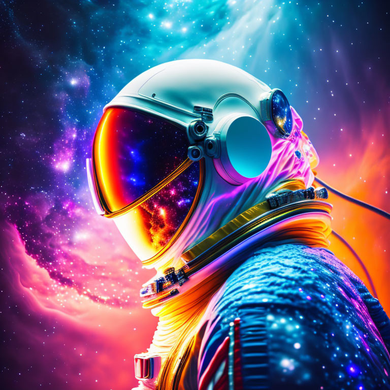 Astronaut with cosmic galaxy reflection in helmet visor and swirling nebulas.