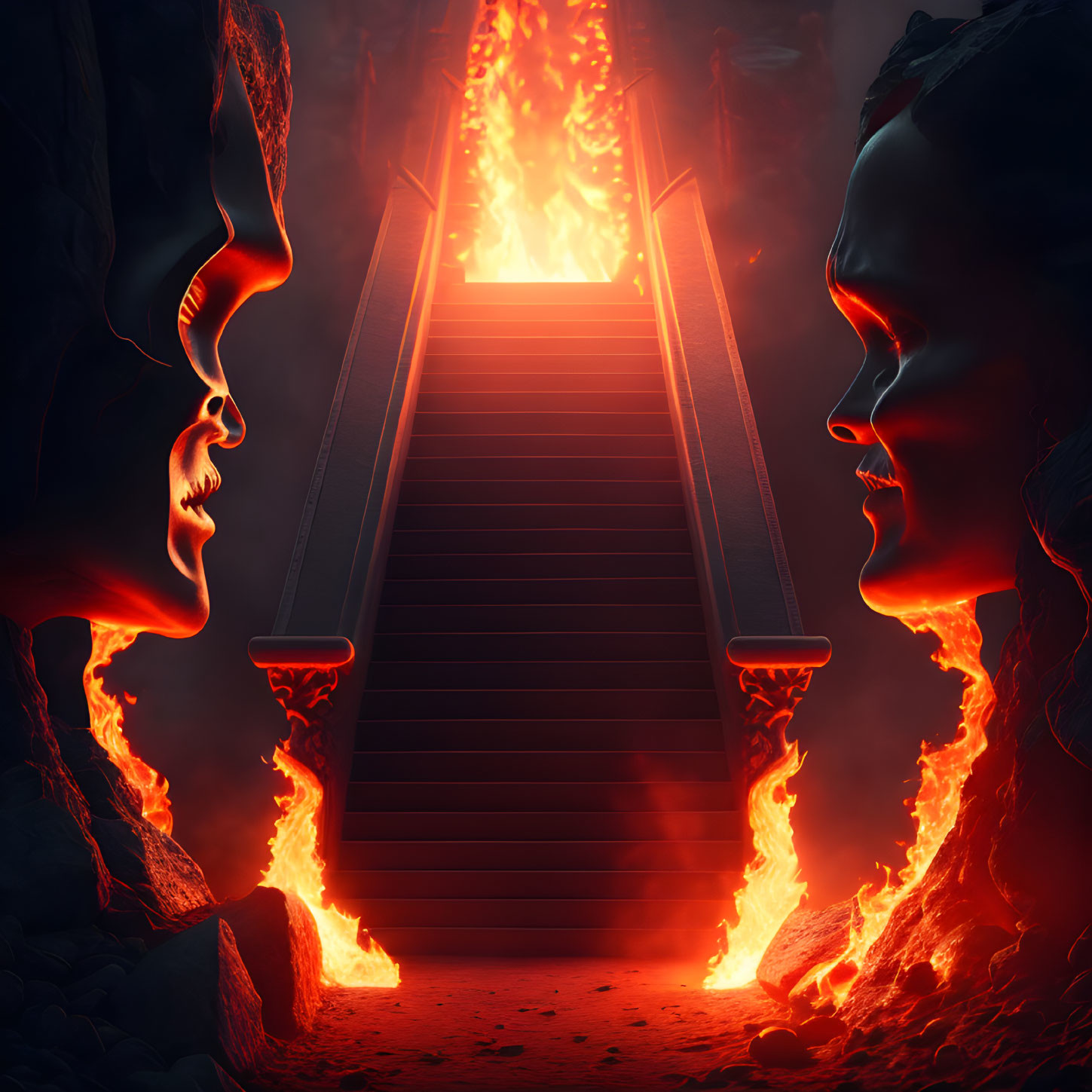 Colossal Stone Faces Flank Fiery Stairway in Hellish Scene