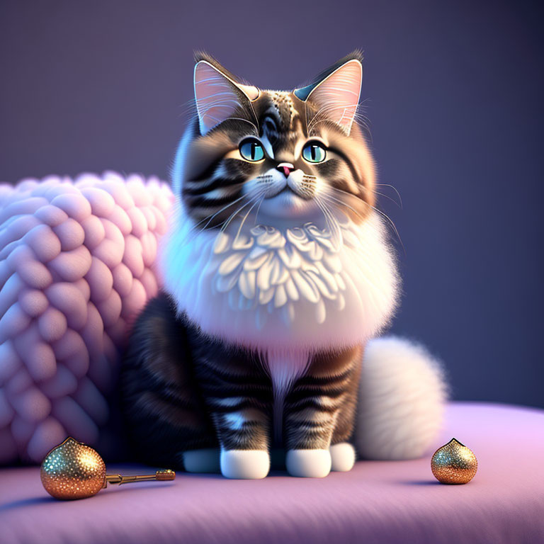 Blue-eyed cartoon cat with striped fur next to pink cushion and golden balls