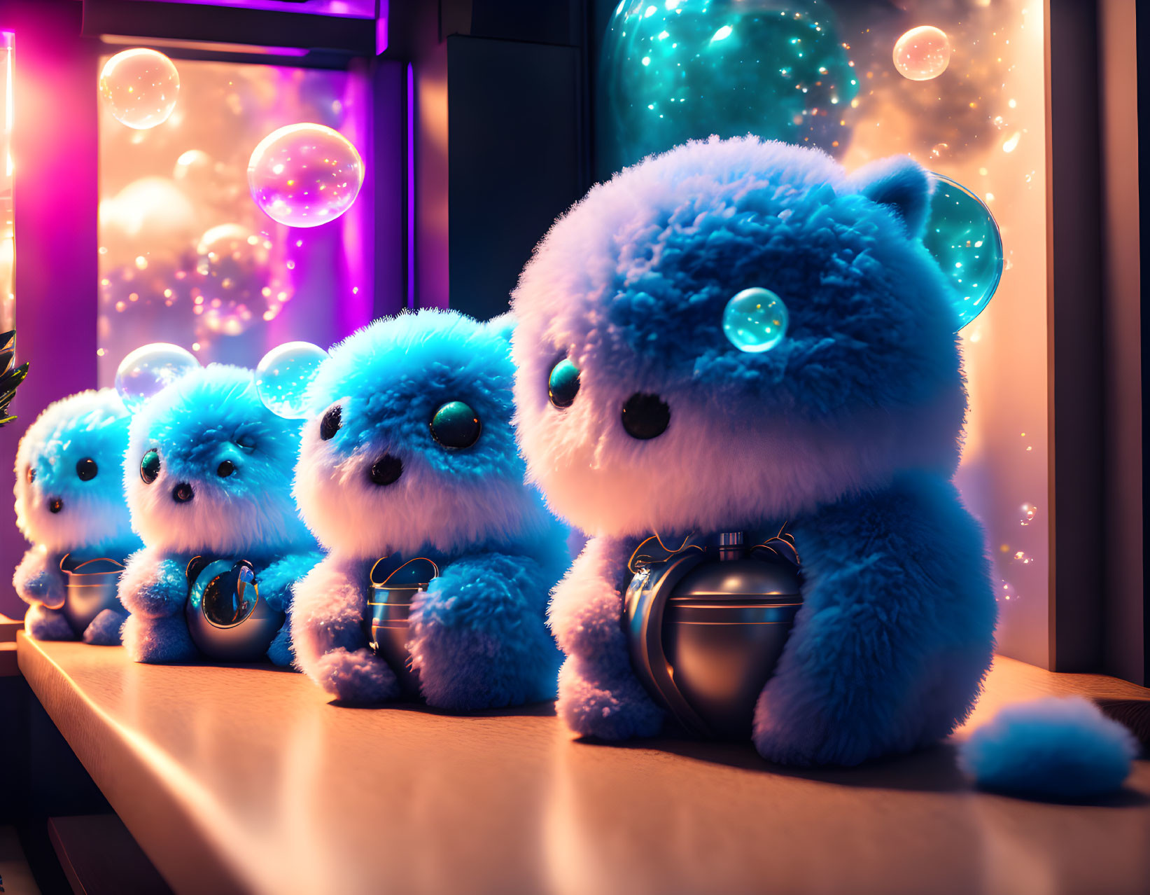 Fluffy Blue Toy Creatures with Lanterns in Glowing Environment