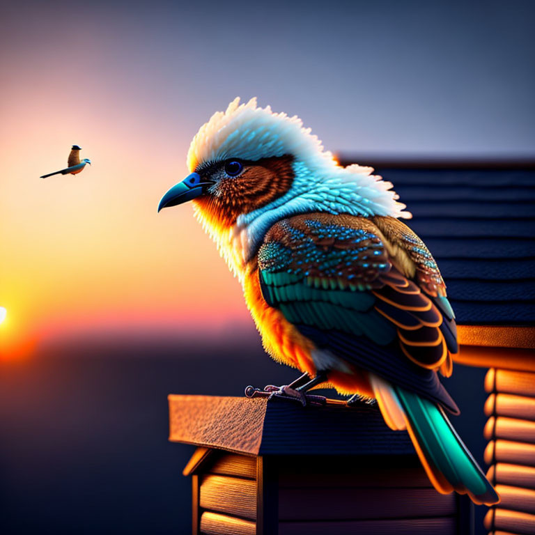 Colorful Bird Perched on Birdhouse at Sunset with Soft-focus Background