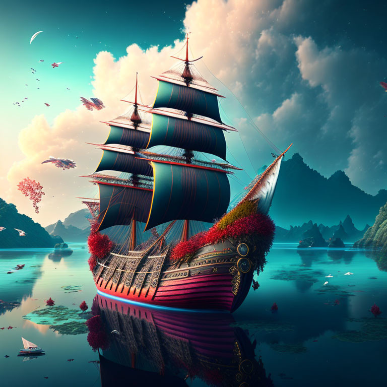 Sailing ship with vibrant sails on calm sea amidst rocky peaks at dusk