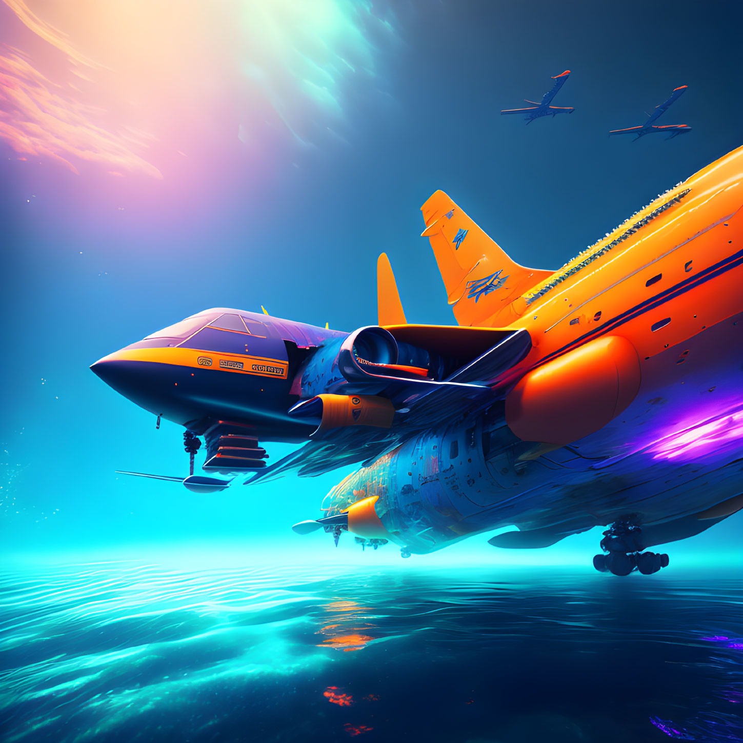 Colorful futuristic aircraft over ocean with diver and marine life.