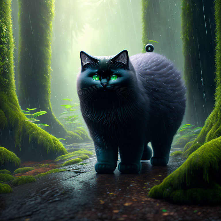 Plump black cat with green eyes in forest setting