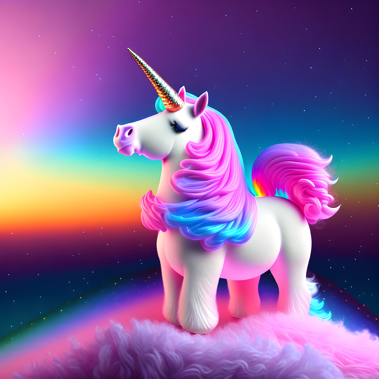 Illustrated unicorn with rainbow mane on fluffy cloud in vibrant twilight sky