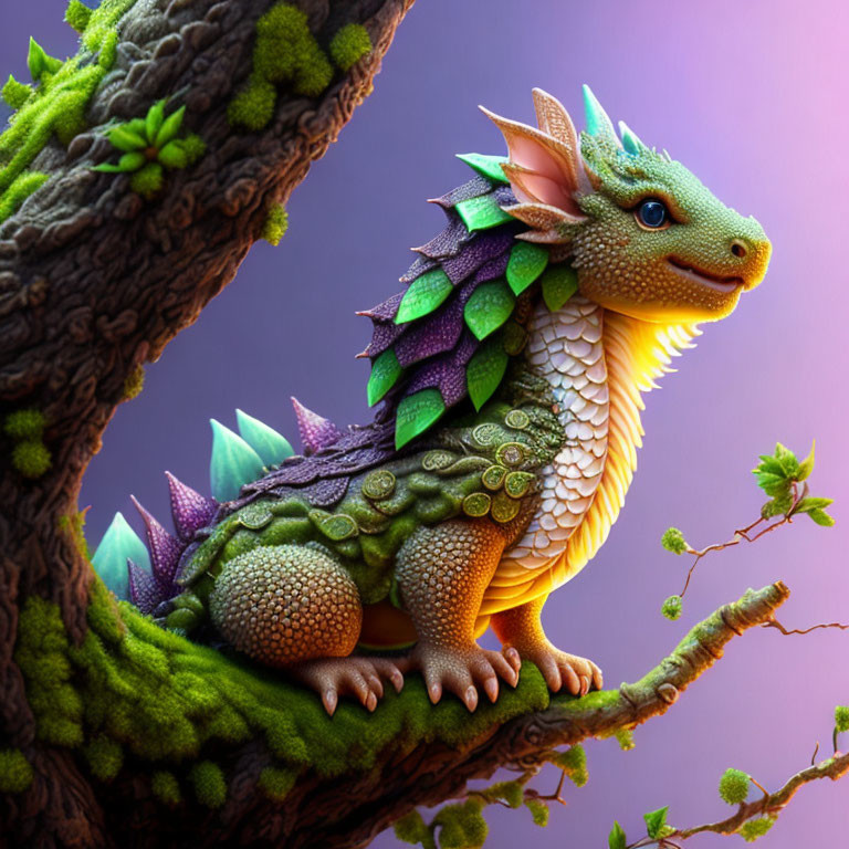 Detailed Digital Illustration: Fantastical Dragon on Tree Branch, Purple Background