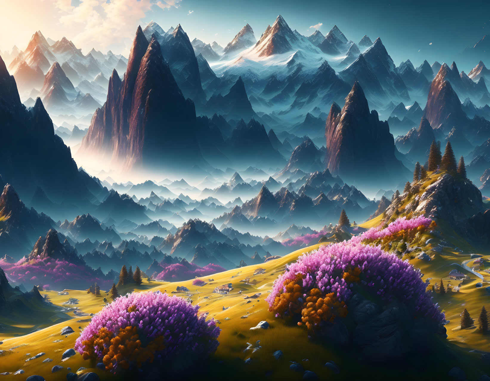 Vibrant purple flora in misty mountain landscape at sunrise