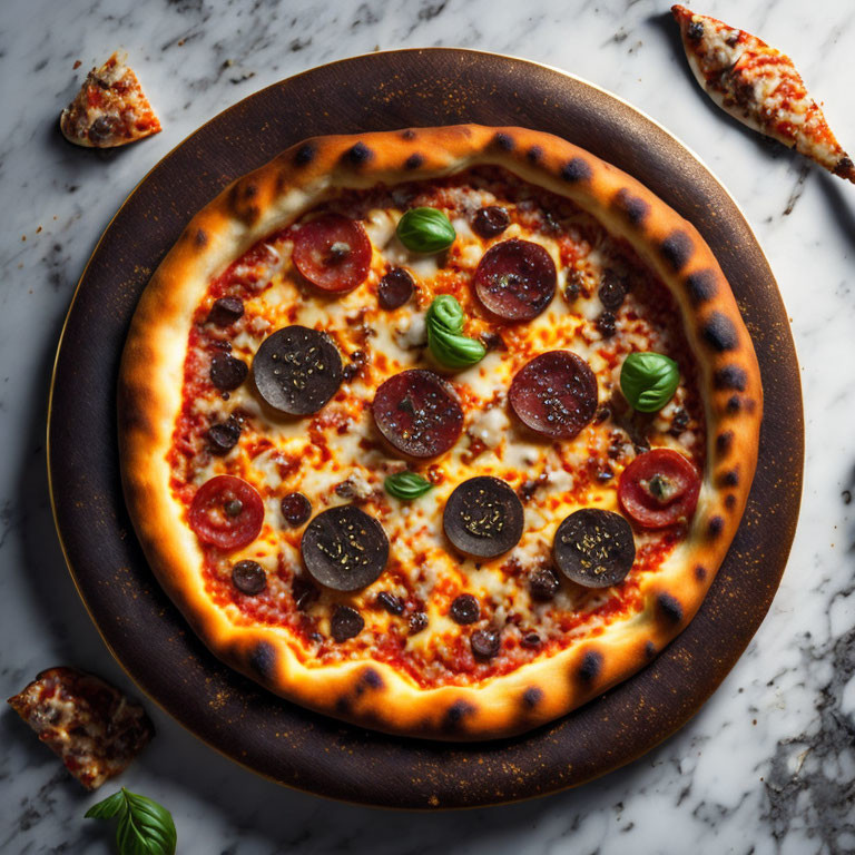 Pepperoni Pizza with Basil, Mushrooms on Dark Plate