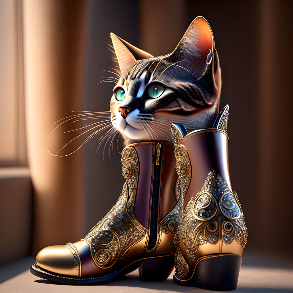 Realistic cat in ornate cowboy boot digital art piece