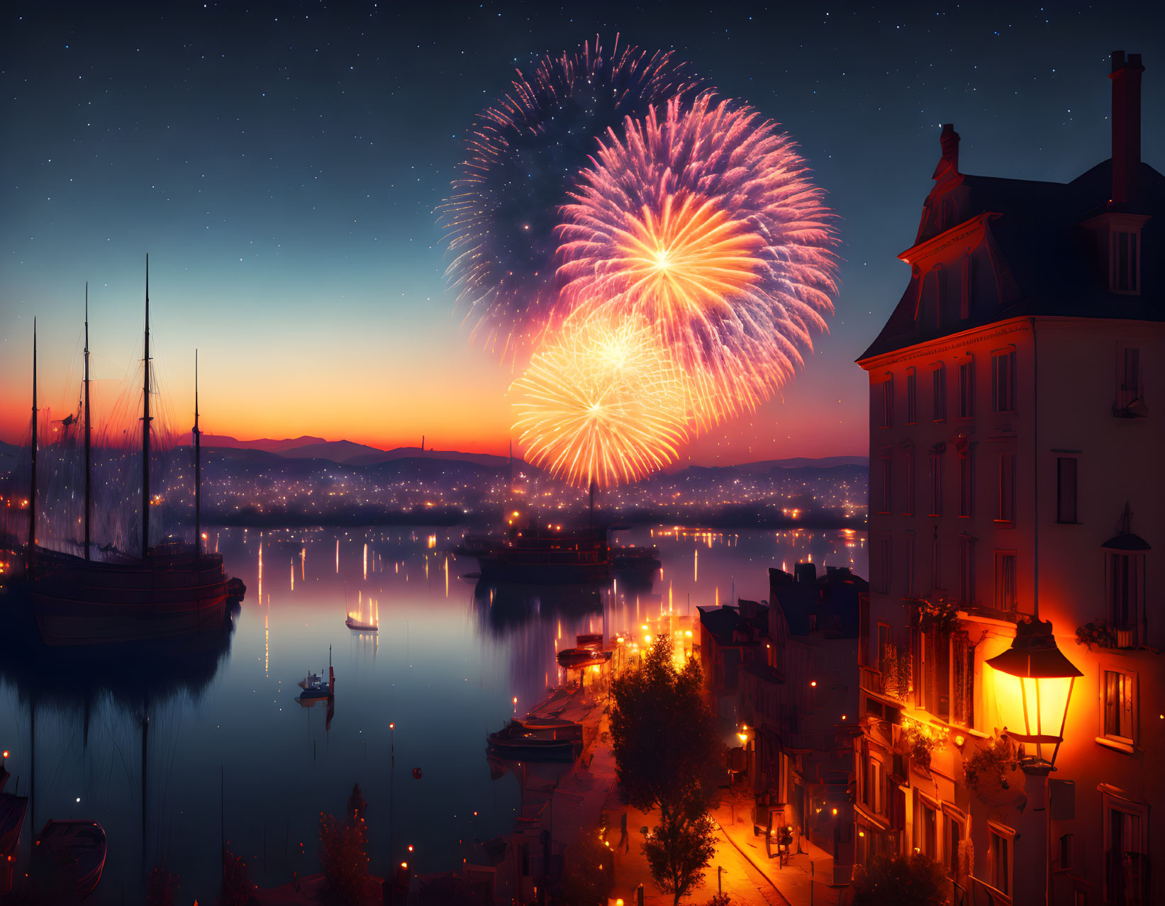 Colorful fireworks illuminate harbor at dusk with boats and lit buildings