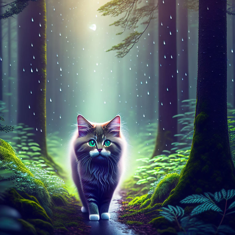 Fluffy cat with striking eyes in forest setting with ethereal light.