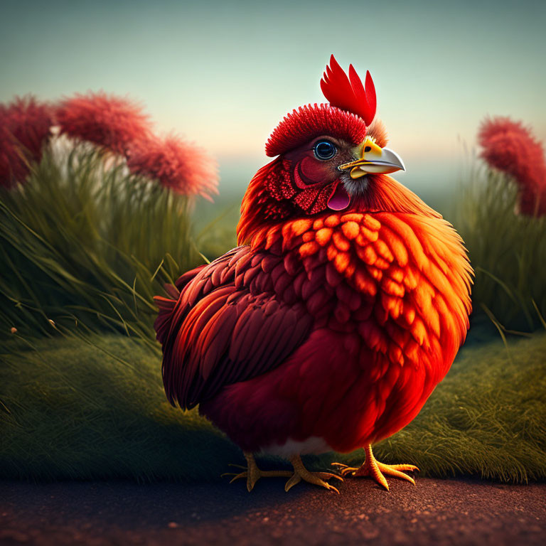 Colorful Chicken with Vibrant Red and Orange Feathers on Grass and Dusk Sky