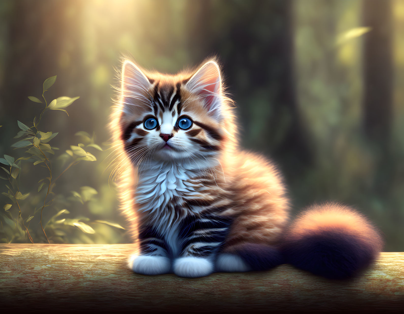 Adorable kitten with blue eyes on log in forest sunlight