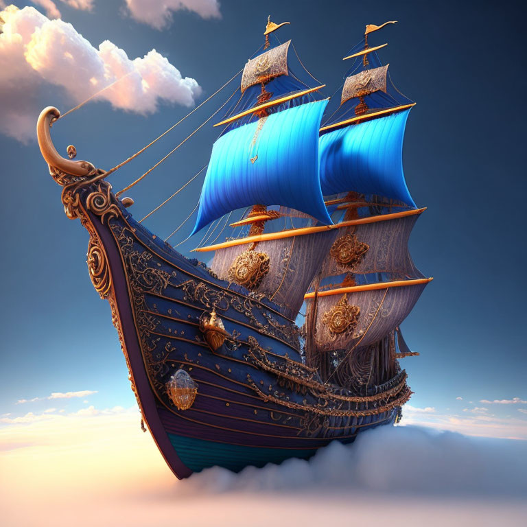 Fantasy-style ship with blue sails flying above clouds in clear blue sky