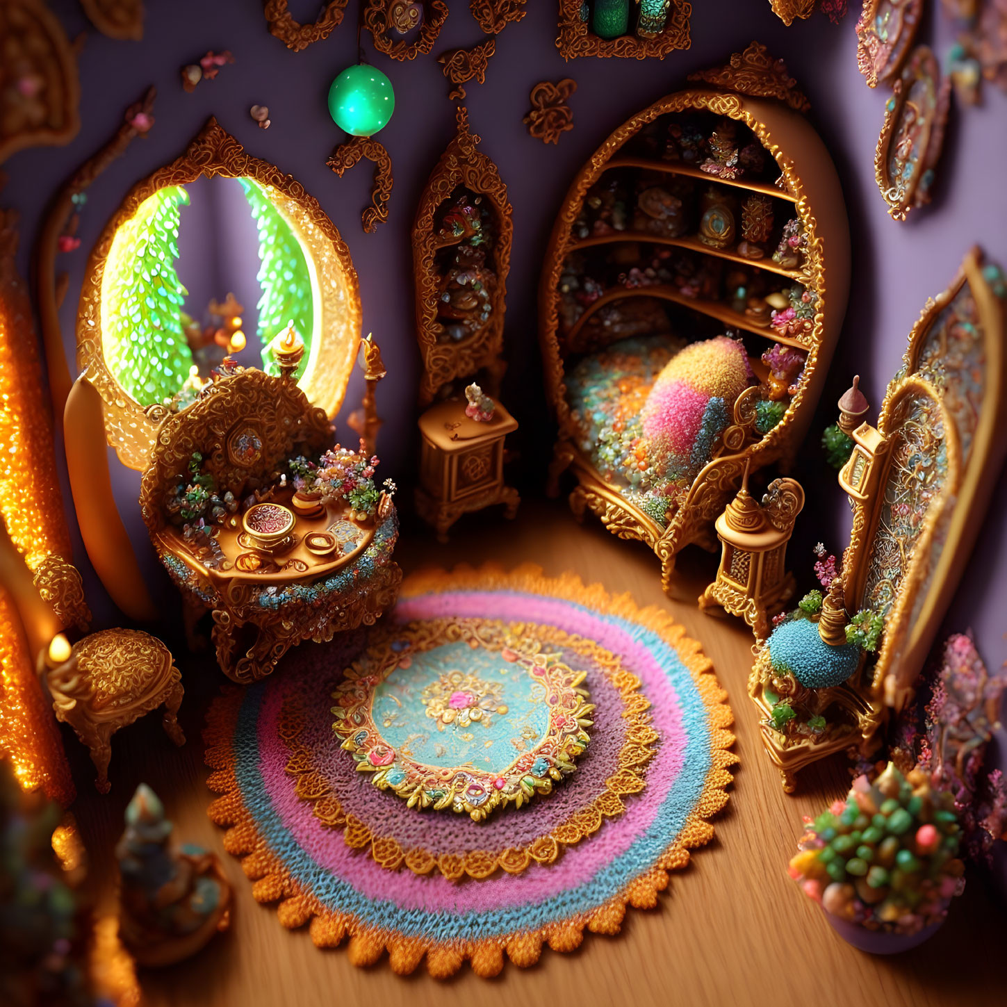 Luxurious Fantasy Room with Golden Furniture & Colorful Decorations