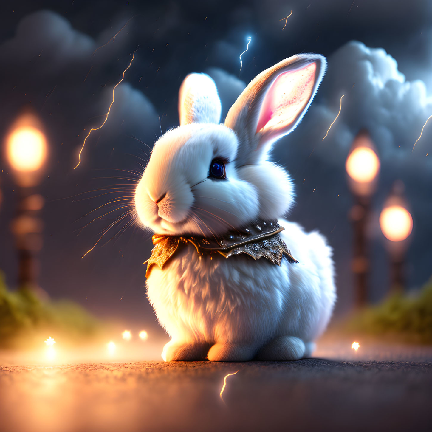 Luminous white rabbit with blue eyes in bowtie on stormy background