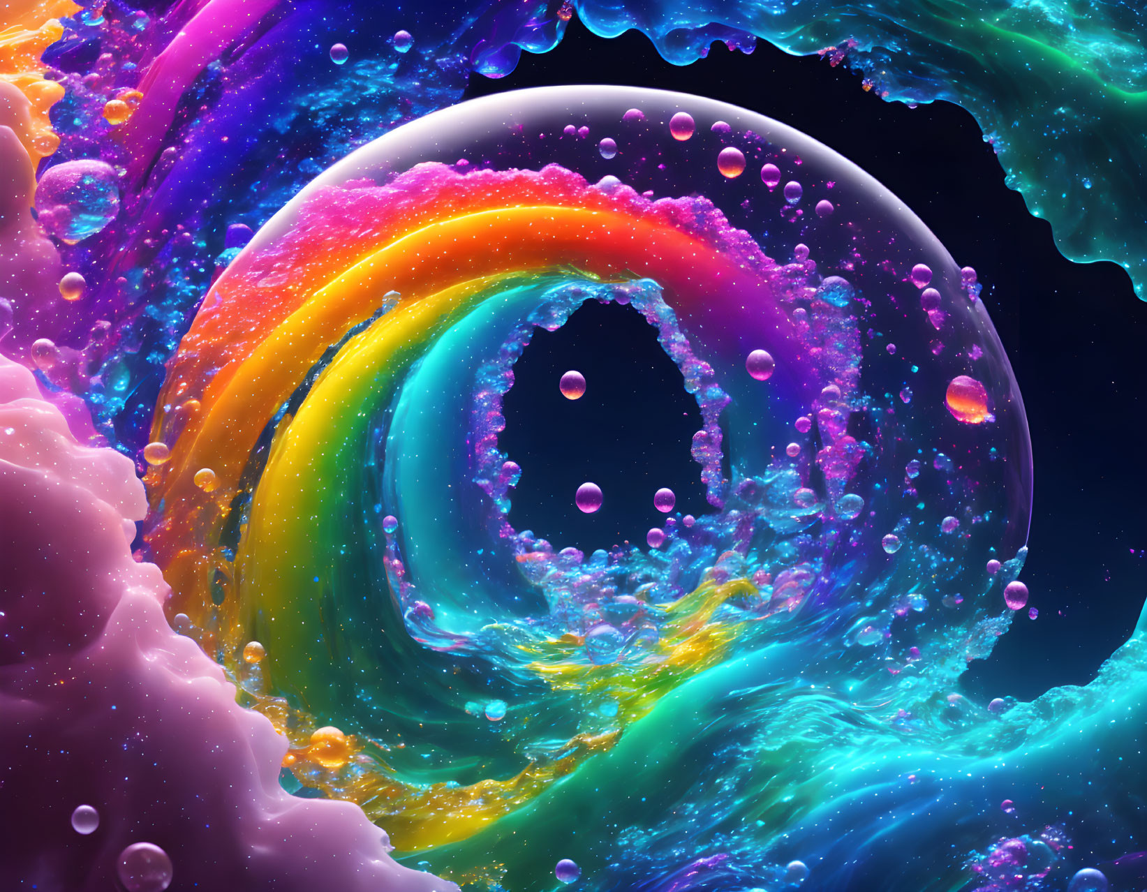 Colorful digital artwork: Rainbow swirl in cosmic bubbles