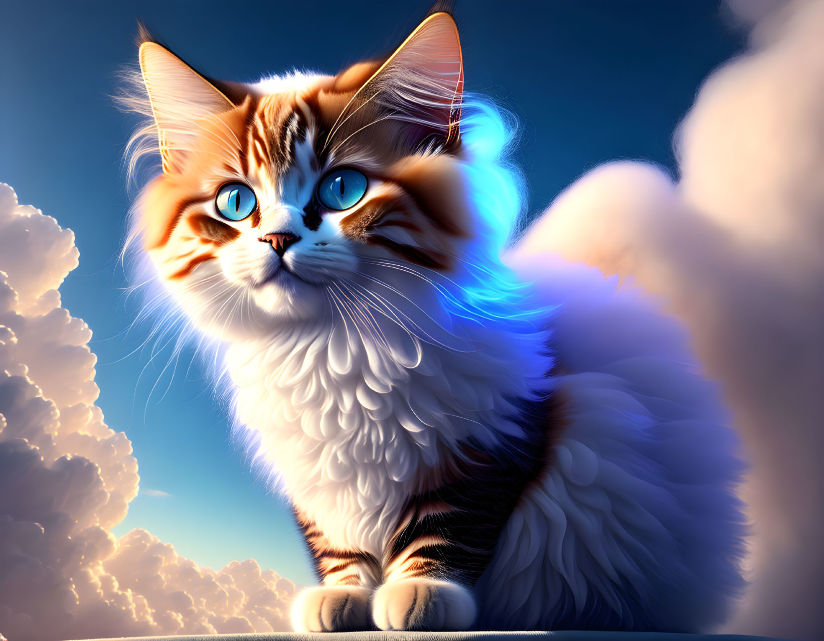 Fluffy orange and white cat with blue eyes on blue sky background