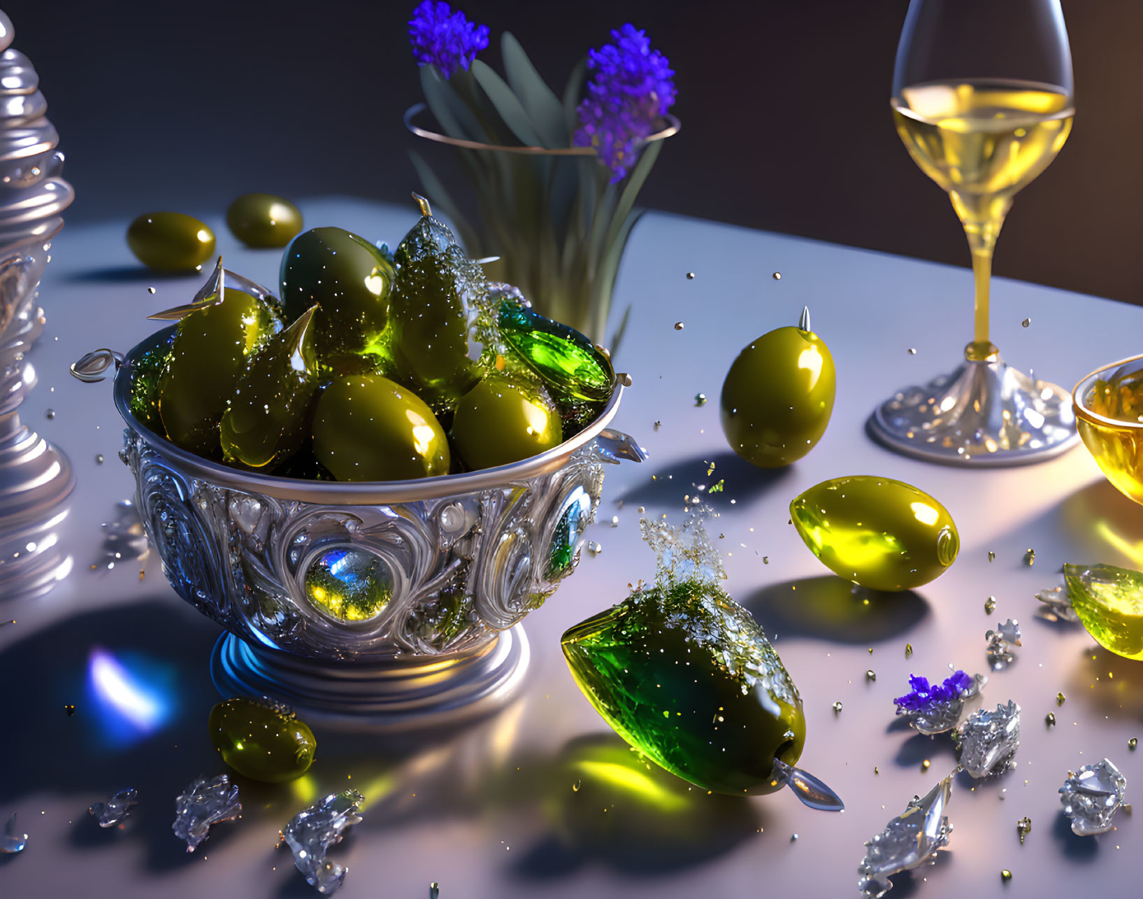 Shiny green olives in glass bowl with droplets, wine glasses, and purple flowers