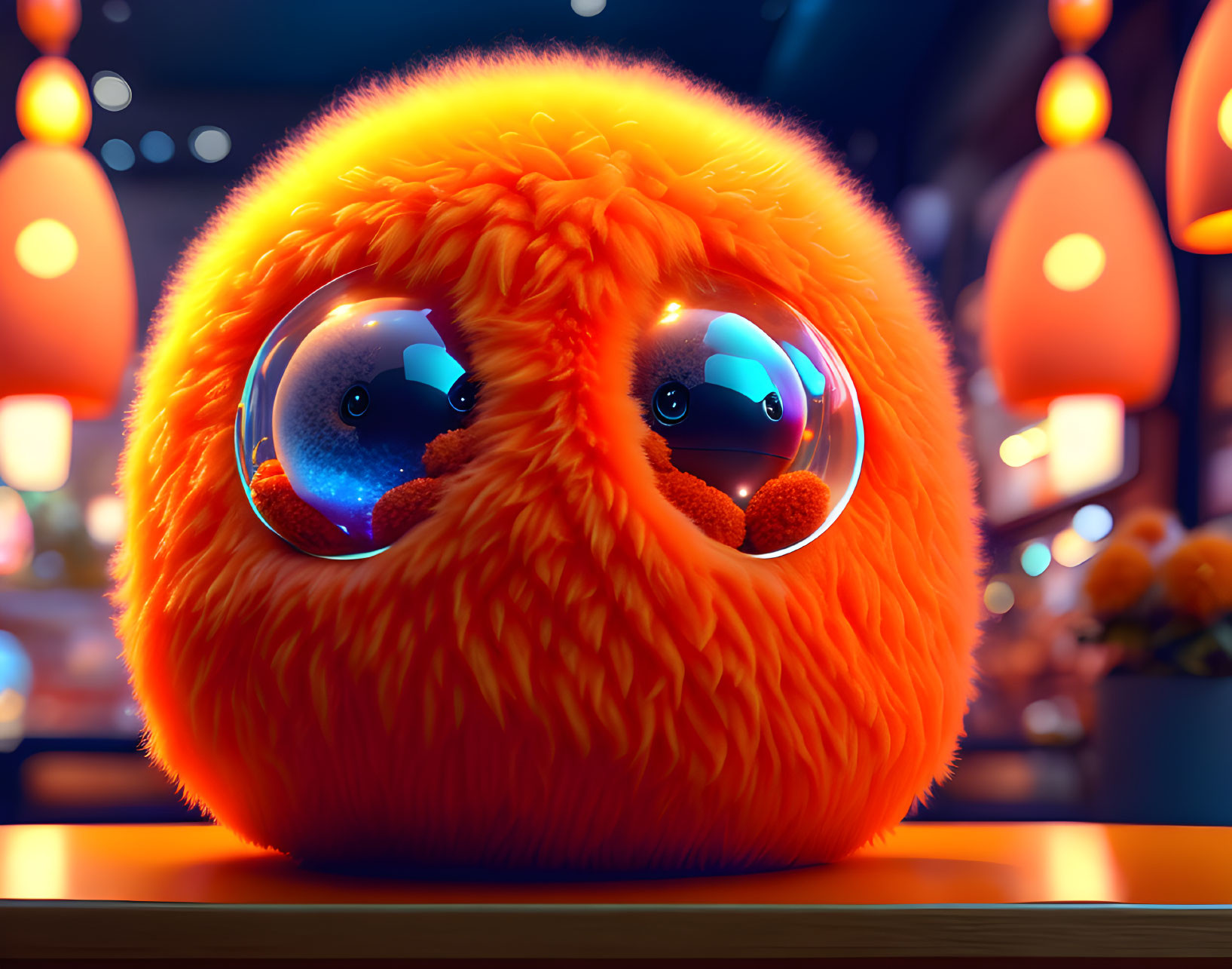 Fluffy orange creature with glossy eyes in indoor setting