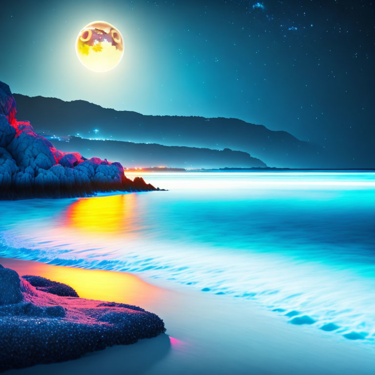 Surreal nightscape with bioluminescent ocean, moon, and bats.