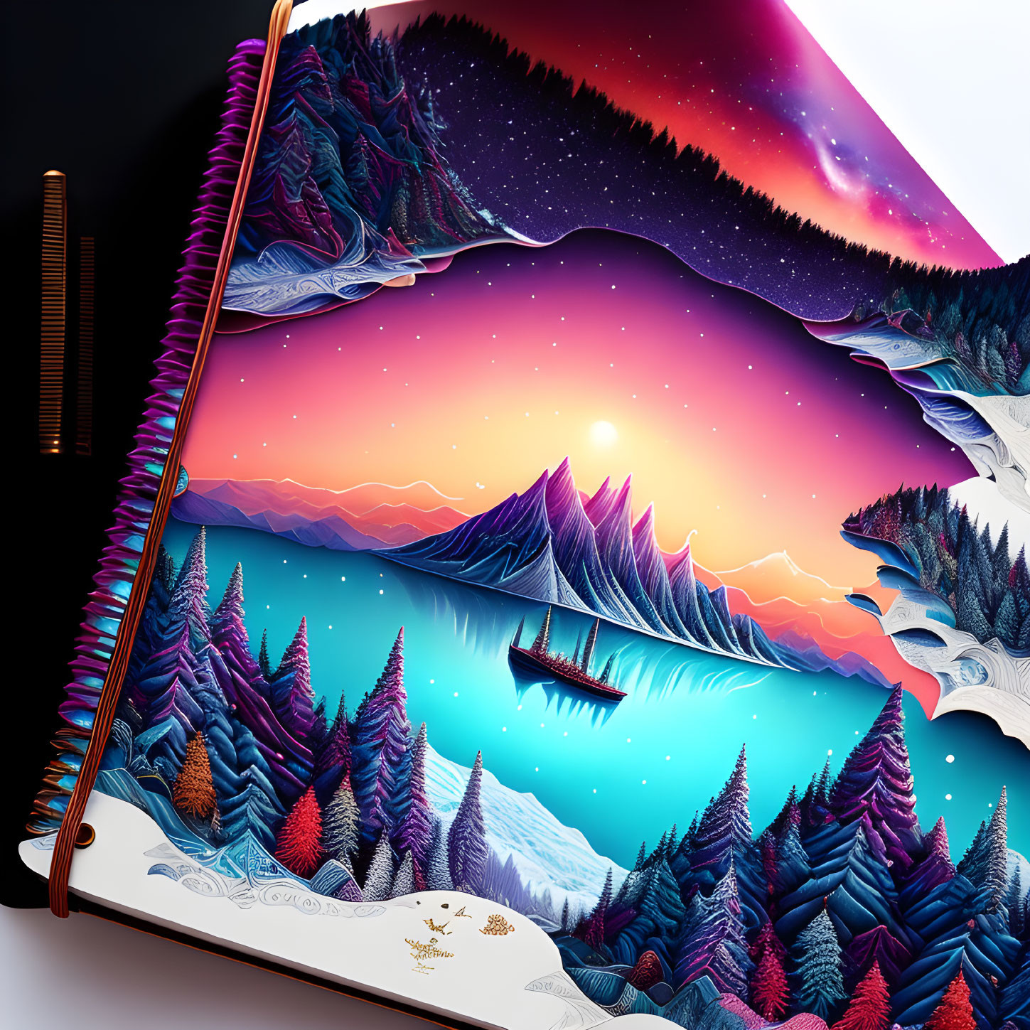 Surreal landscape illustration: vibrant colors, mountains, trees, lake, sketchbook, paintbrush