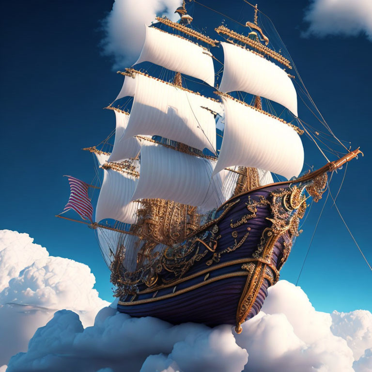 Golden-detailed sailing ship with American flag on blue sky.
