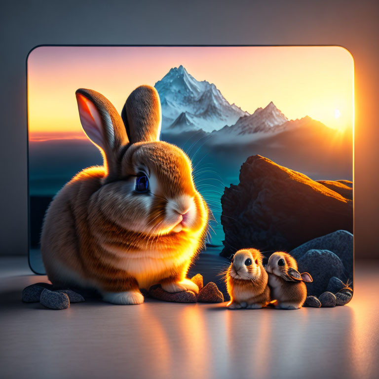 Three rabbits in front of mountain sunset scene with warm lighting