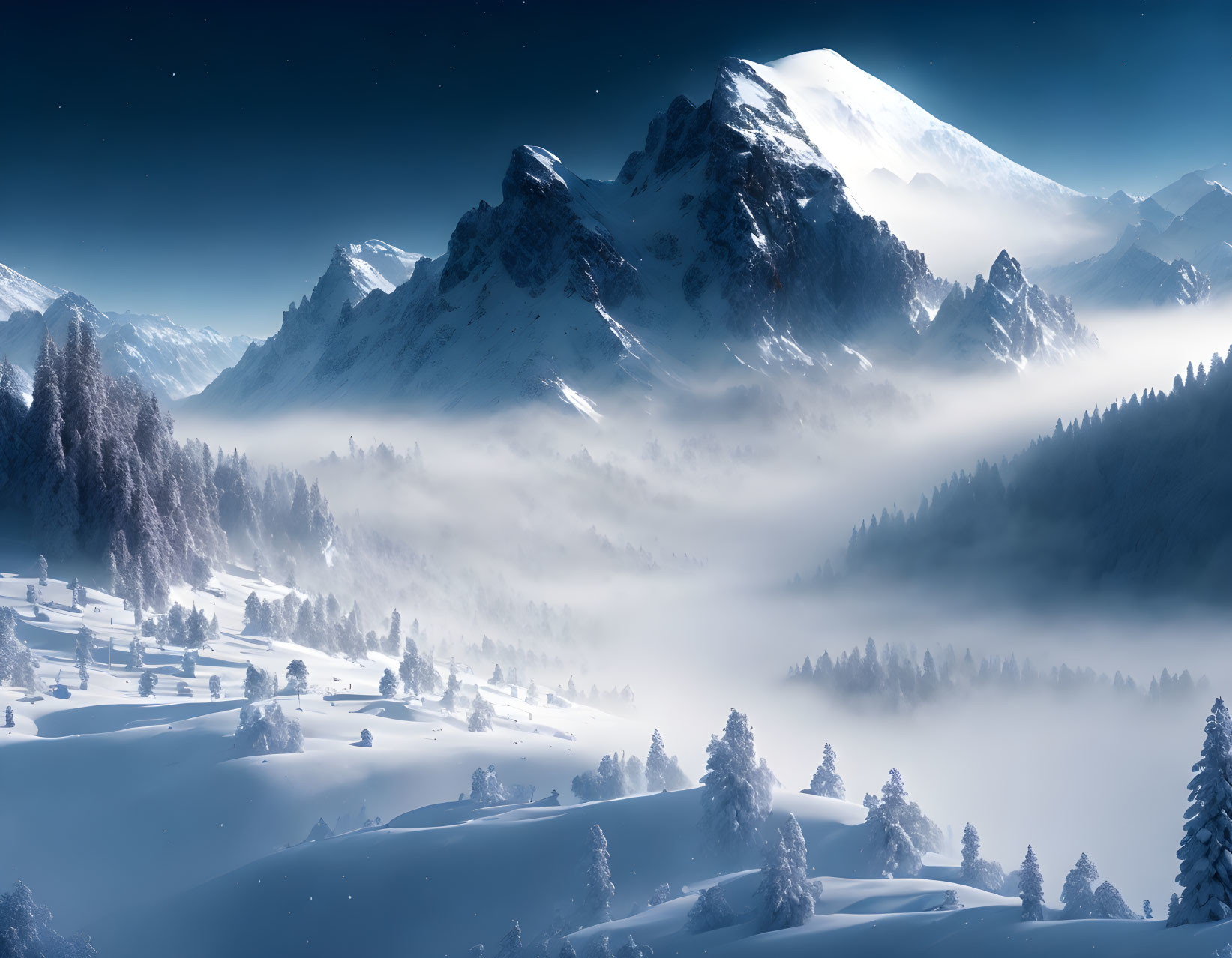 Snowy Dusk Landscape with Foggy Mountain Range at Night