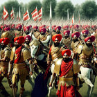 Sikh warriors on horseback with spears under stormy sky