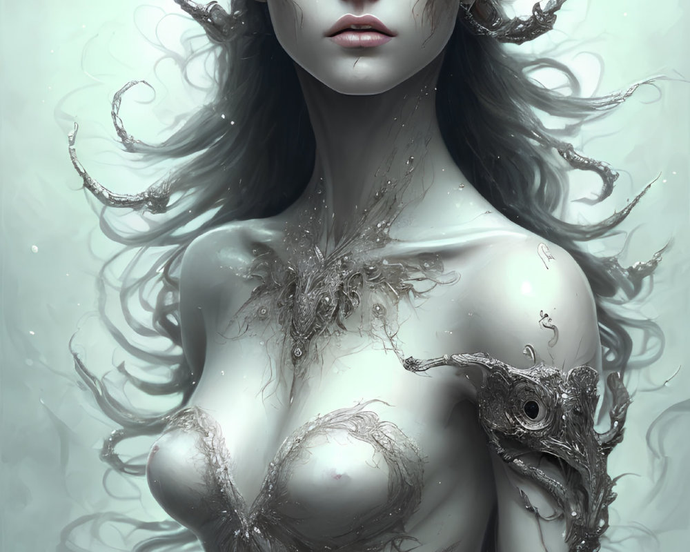 Fantasy digital painting of woman with ornate crown and branch-like body adornments