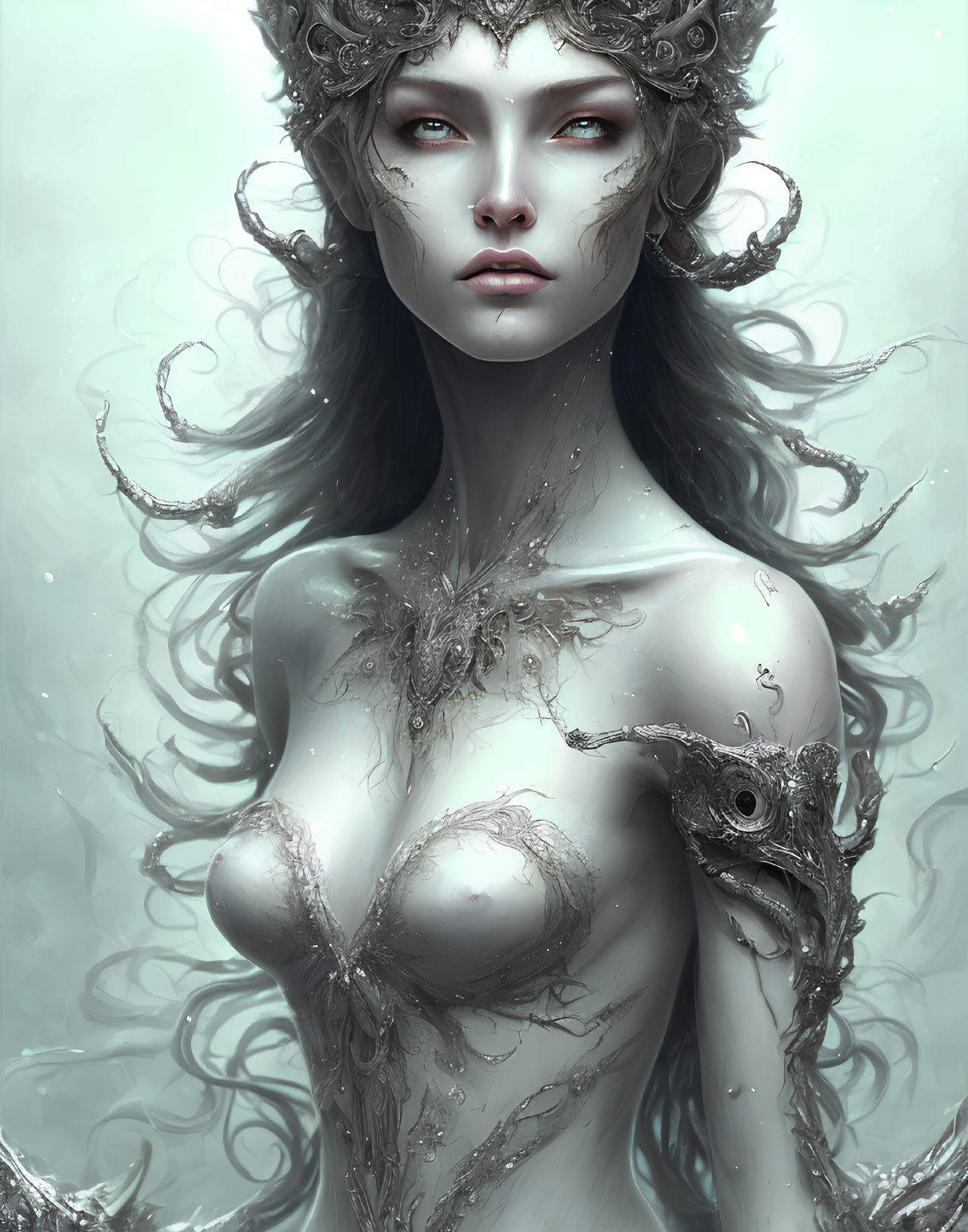 Fantasy digital painting of woman with ornate crown and branch-like body adornments