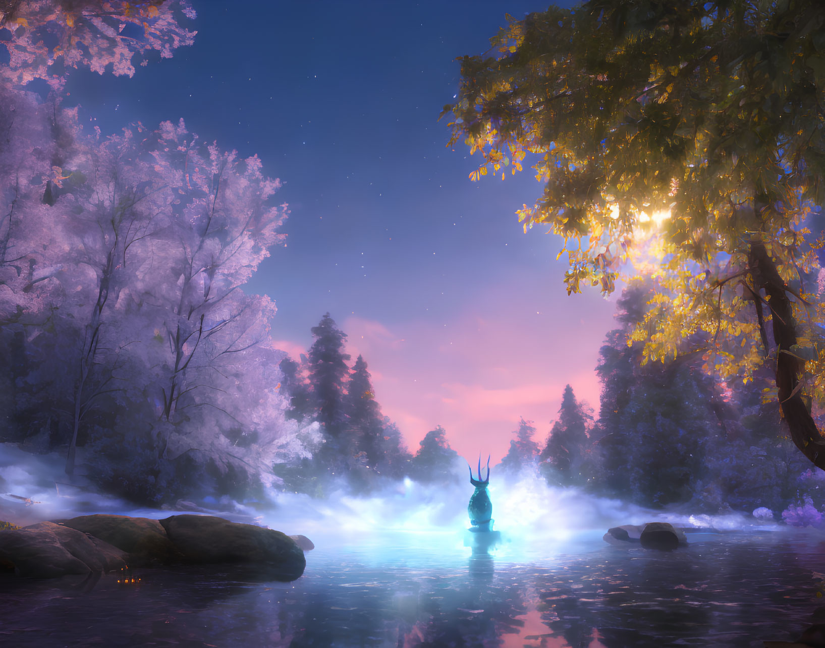 Mystical figure with antlers in glowing blue lake at twilight