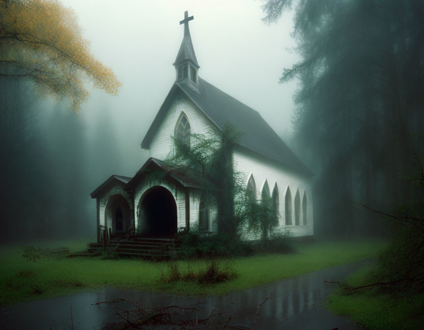 Misty forest scene with gothic church in foggy setting