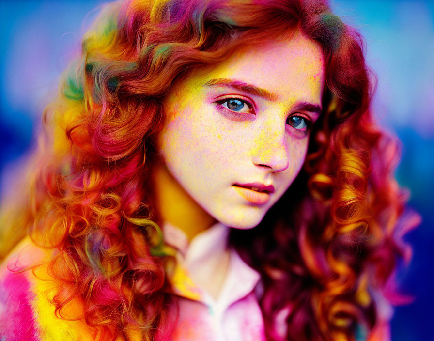 Vibrant rainbow hair and green eyes on portrait with colorful background