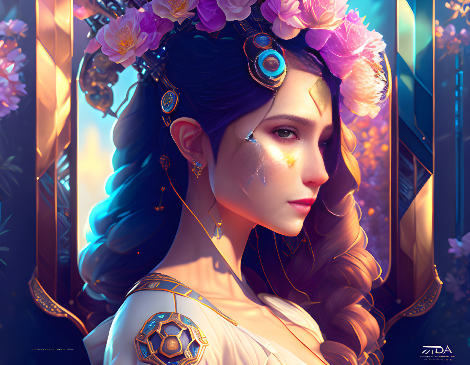 Fantastical portrait of a woman with blue gemstone jewelry and pink flower crown in ethereal forest