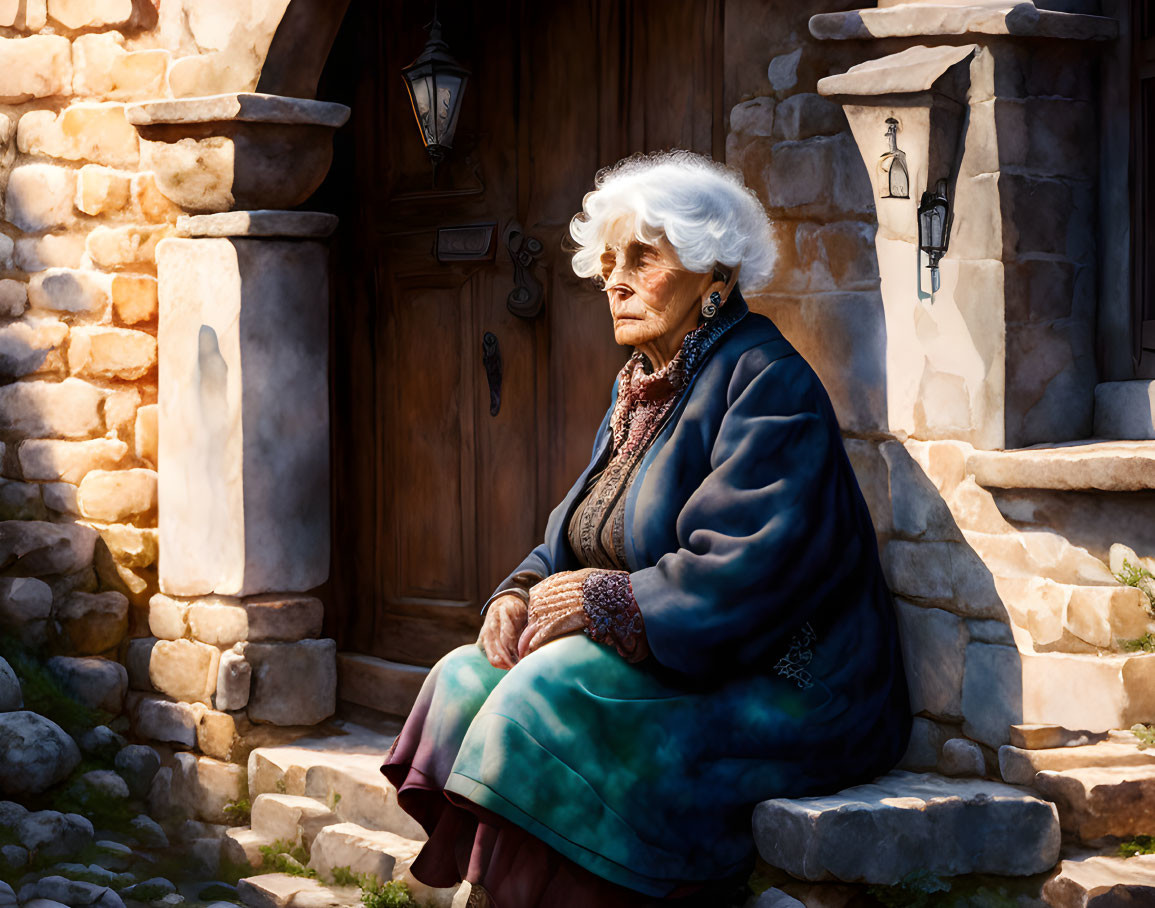 Elderly woman with white hair in shawl and coat sitting outside stone house.