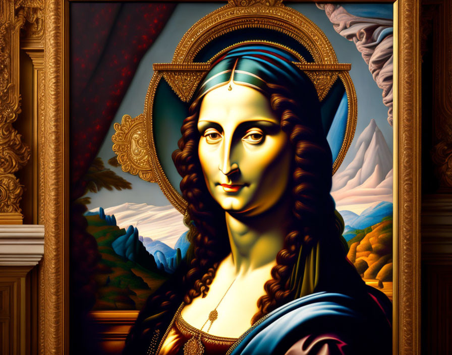 Colorful Mona Lisa painting with exaggerated features and gold frame