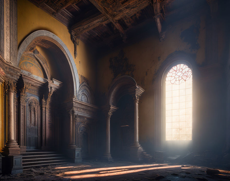 Sunlight illuminates dusty, abandoned room with grand arches