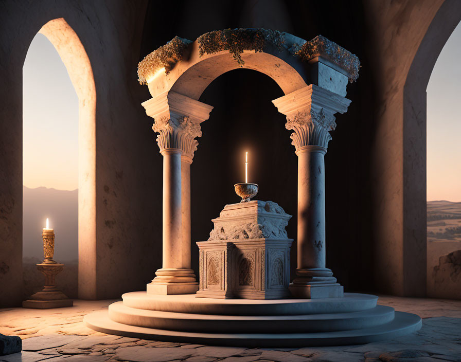 Ancient ornate altar with burning candle under archway at sunset