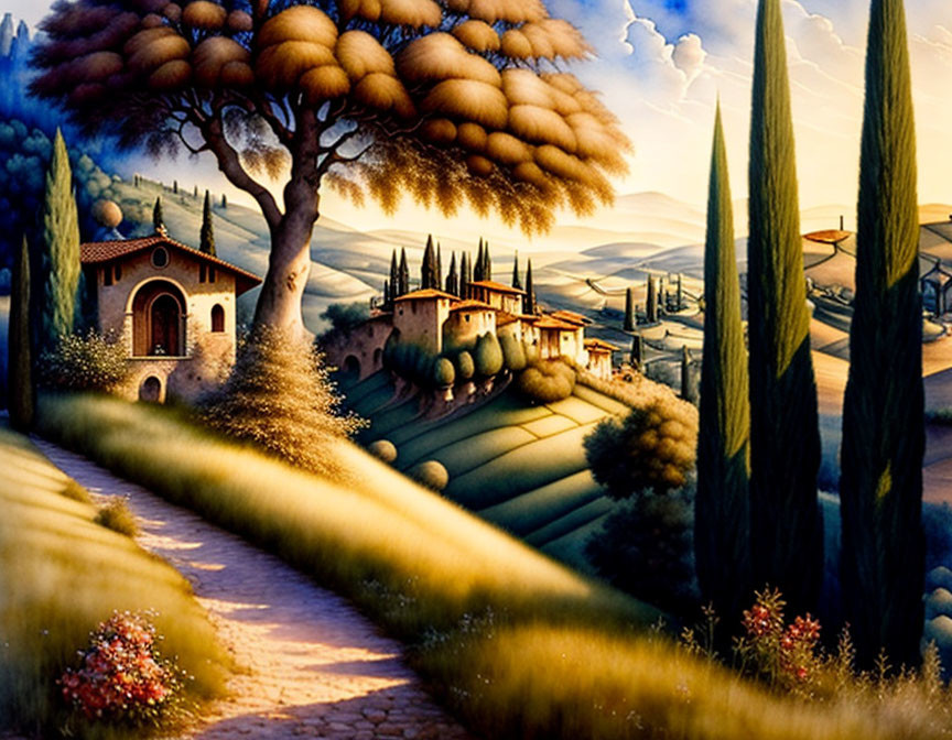 Sunlit Tuscan landscape with villas, cypress trees, and golden fields.