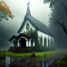 Misty forest scene with gothic church in foggy setting