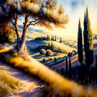 Sunlit Tuscan landscape with villas, cypress trees, and golden fields.