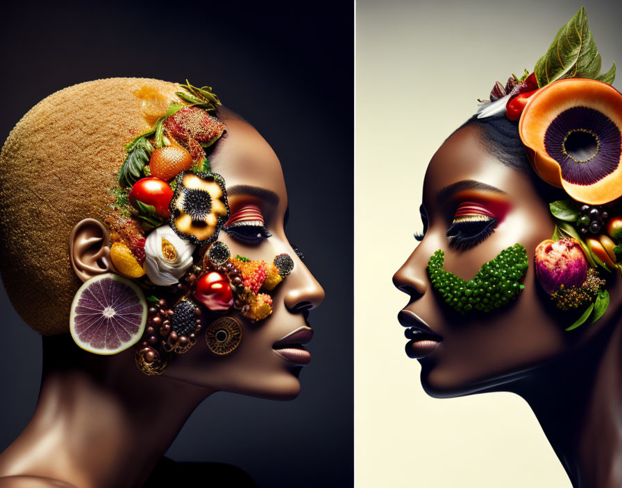 Profile Faces with Fruit and Floral Decor on Dark Background